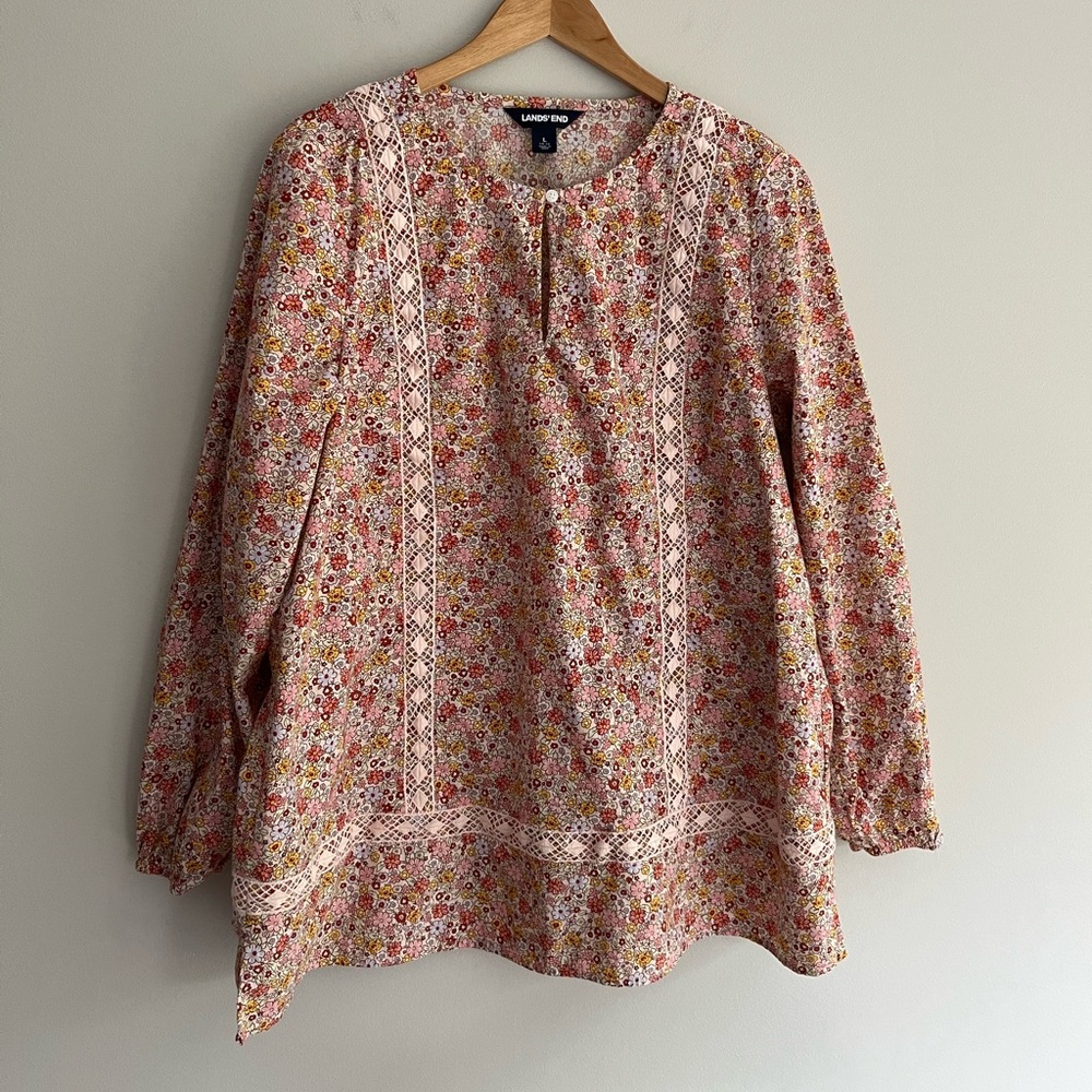 Lands' End Orange and Pink Puff Sleeve Floral Blouse size Large
